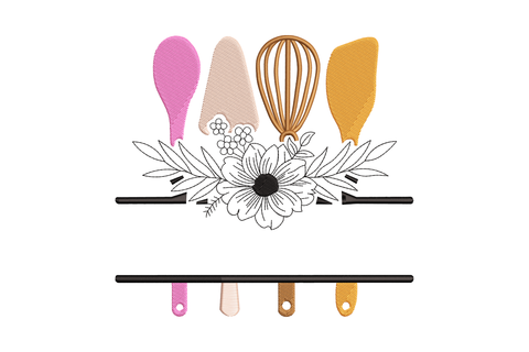 Floral kitchen tools split shelf embroidery in 5 colours with pink, peach and brown utensil handles and a daisy spray.