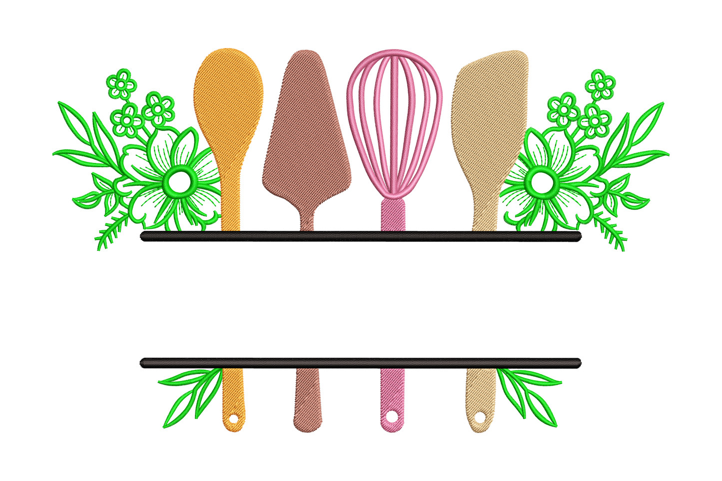 Floral kitchen tools wide split shelf embroidery in 6 colours with sage daisies and pastel utensil handles.