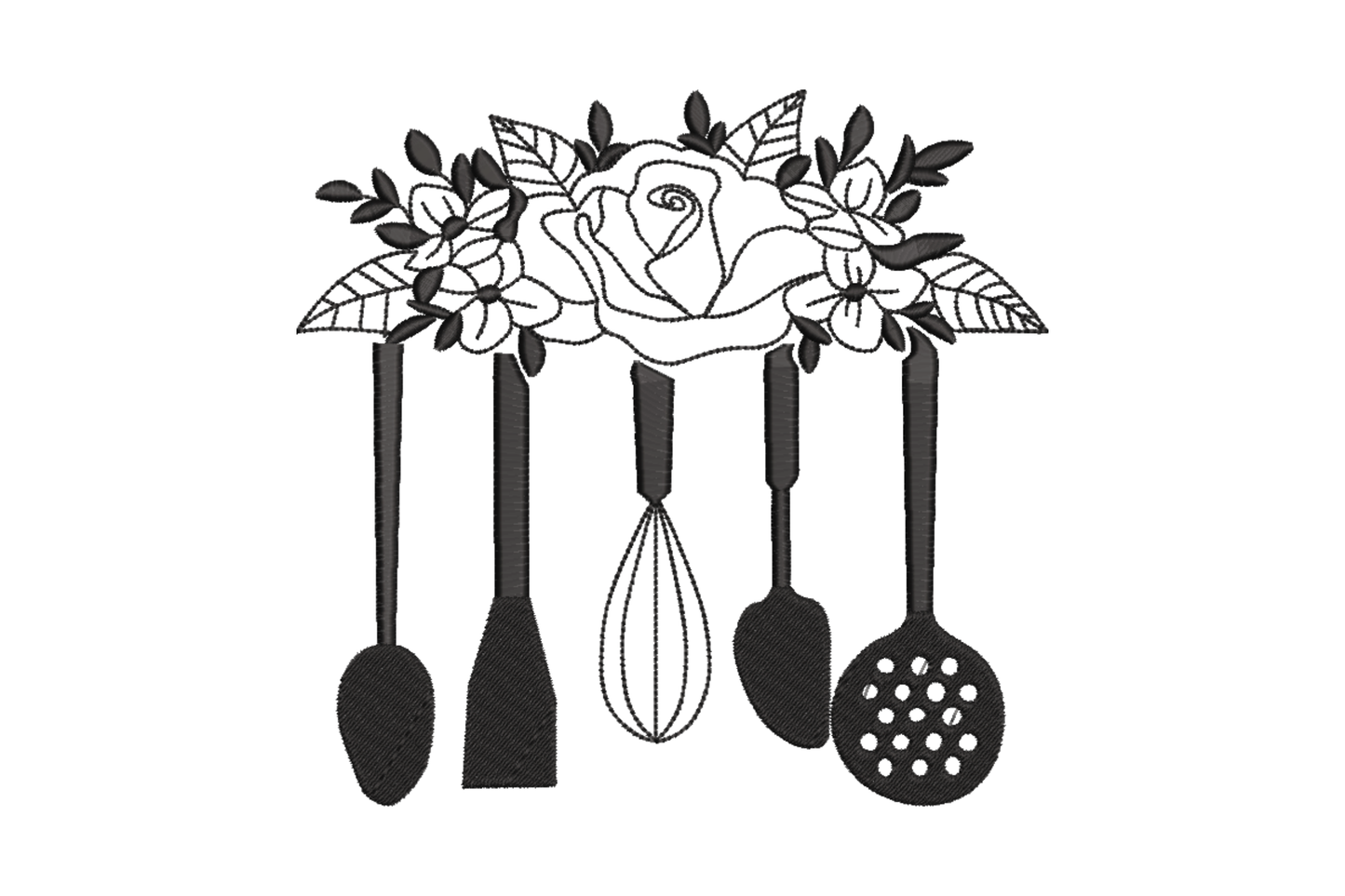 Embroidery design of five kitchen utensils hanging from a rose garland, single black thread