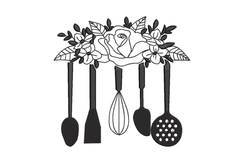 Embroidery design of five kitchen utensils hanging from a rose garland, single black thread