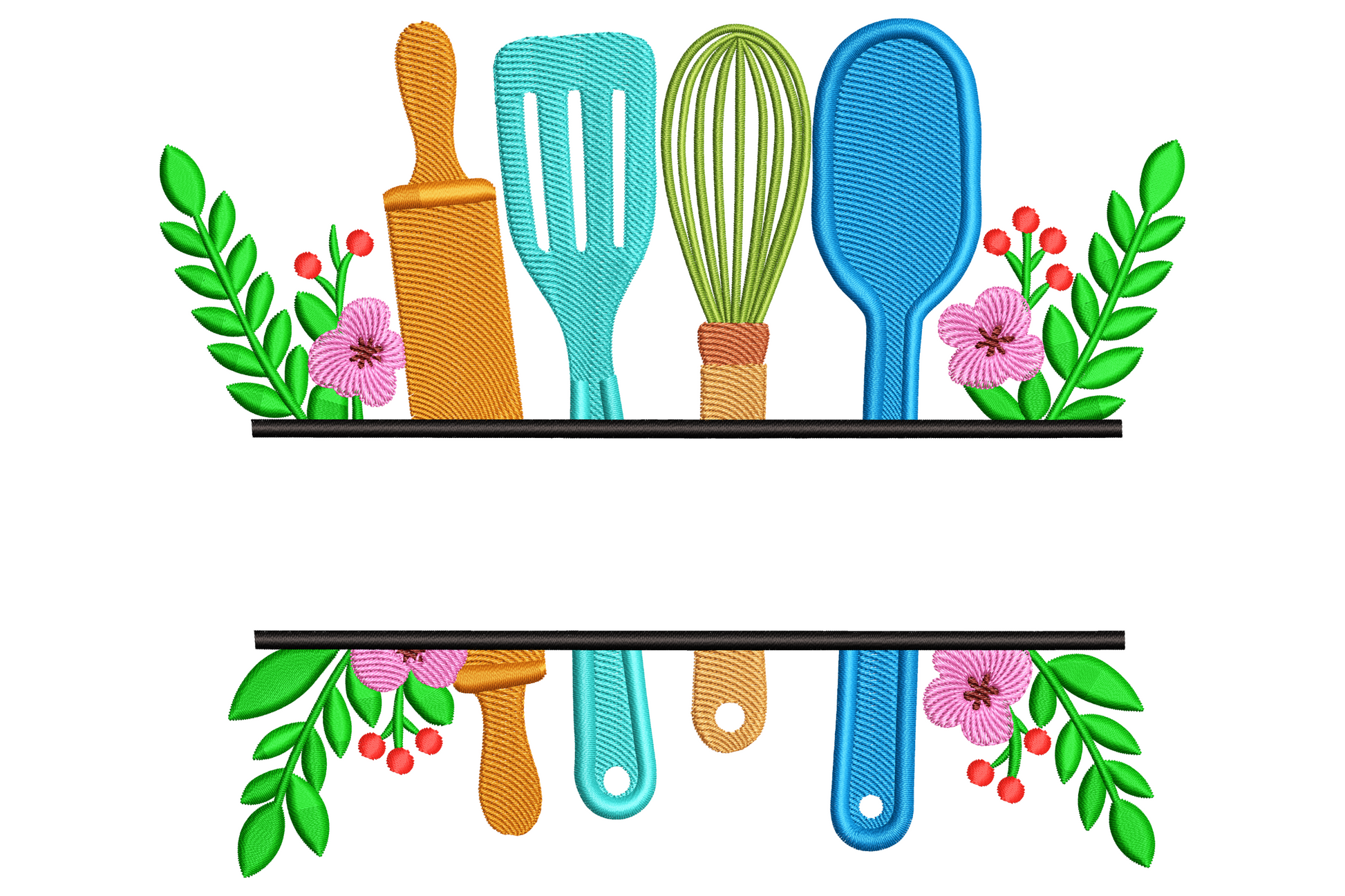 Split-monogram kitchen frame with rolling pin, whisk, spatulas and spoons between two black bars, flanked by pink blooms.