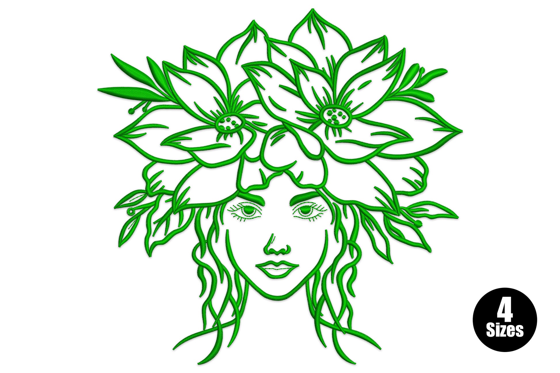 Woman face with botanical flower crown embroidery design, art nouveau style satin outline, single colour, 4 sizes