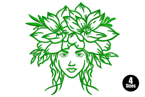 Woman face with botanical flower crown embroidery design, art nouveau style satin outline, single colour, 4 sizes