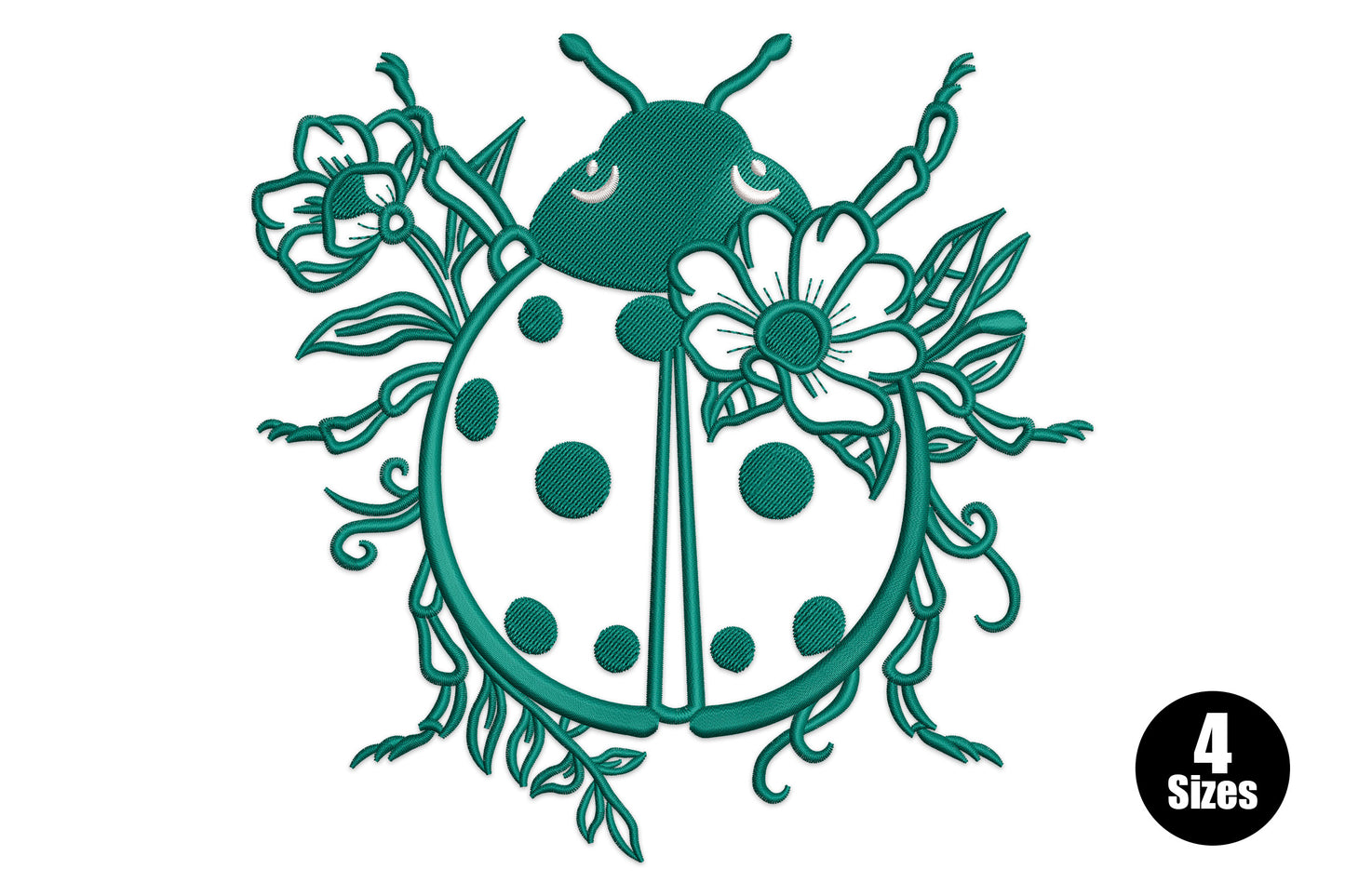 Floral ladybug machine embroidery design in teal line art with botanical flowers and vines surrounding the ladybug body