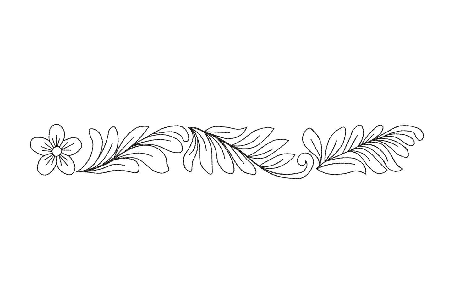 Floral leaf border outline embroidery with long fern fronds, willow leaves and one small flower in black redwork.