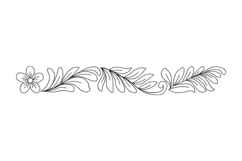 Floral leaf border outline embroidery with long fern fronds, willow leaves and one small flower in black redwork.
