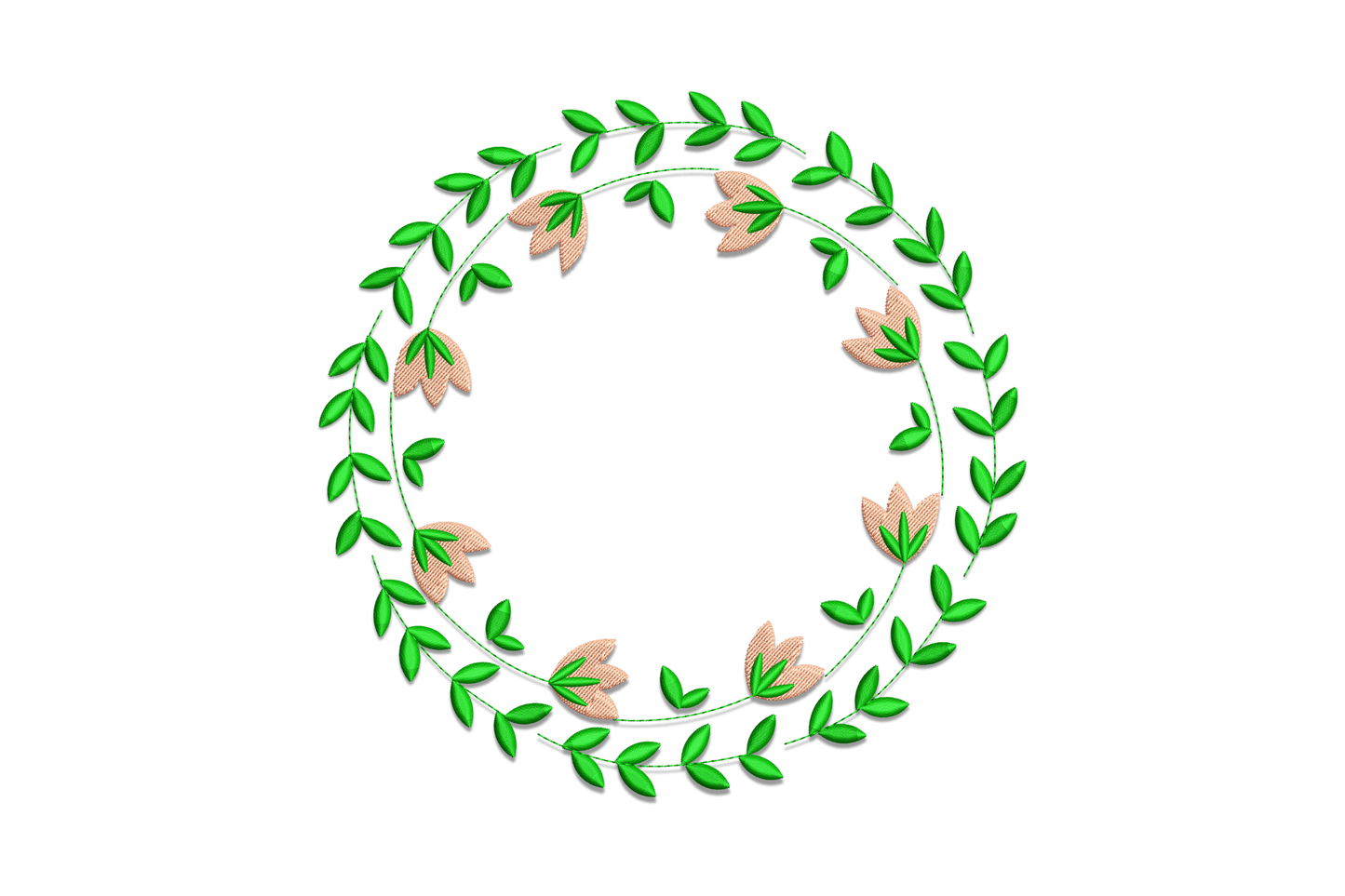 Floral leaf wreath embroidery design, circular botanical wreath with directional leaf stitching, sage and dusty rose, 5 sizes