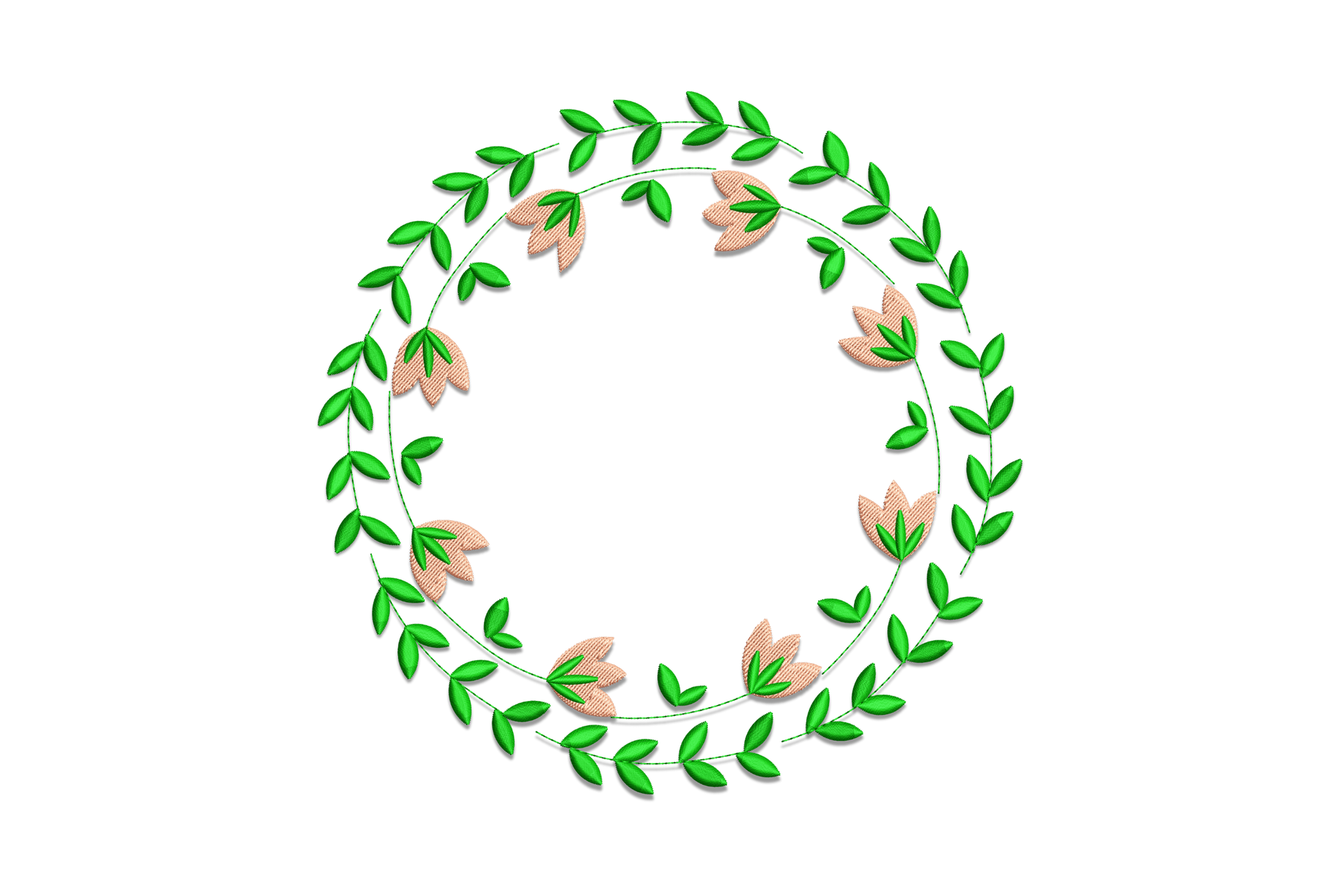 Floral leaf wreath embroidery design, circular botanical wreath with directional leaf stitching, sage and dusty rose, 5 sizes