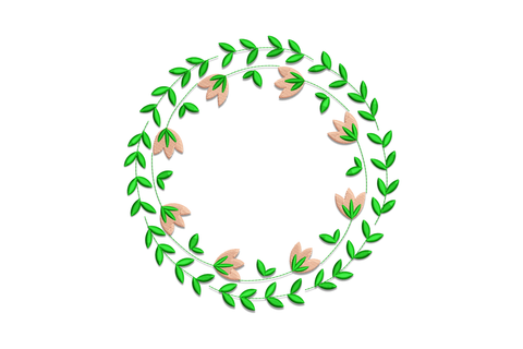 Floral leaf wreath embroidery design, circular botanical wreath with directional leaf stitching, sage and dusty rose, 5 sizes