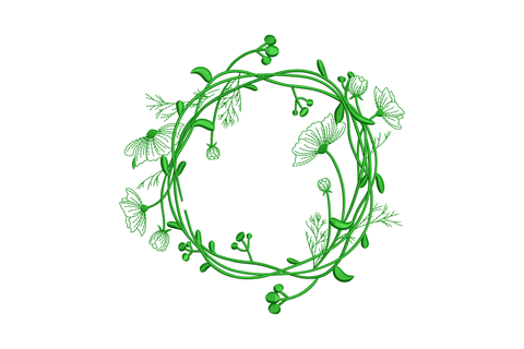 Floral leaf wreath embroidery design with wild botanical vines, daisy flowers, berry clusters and butterflies in a dark green circular ring, 4 to 8 inch.
