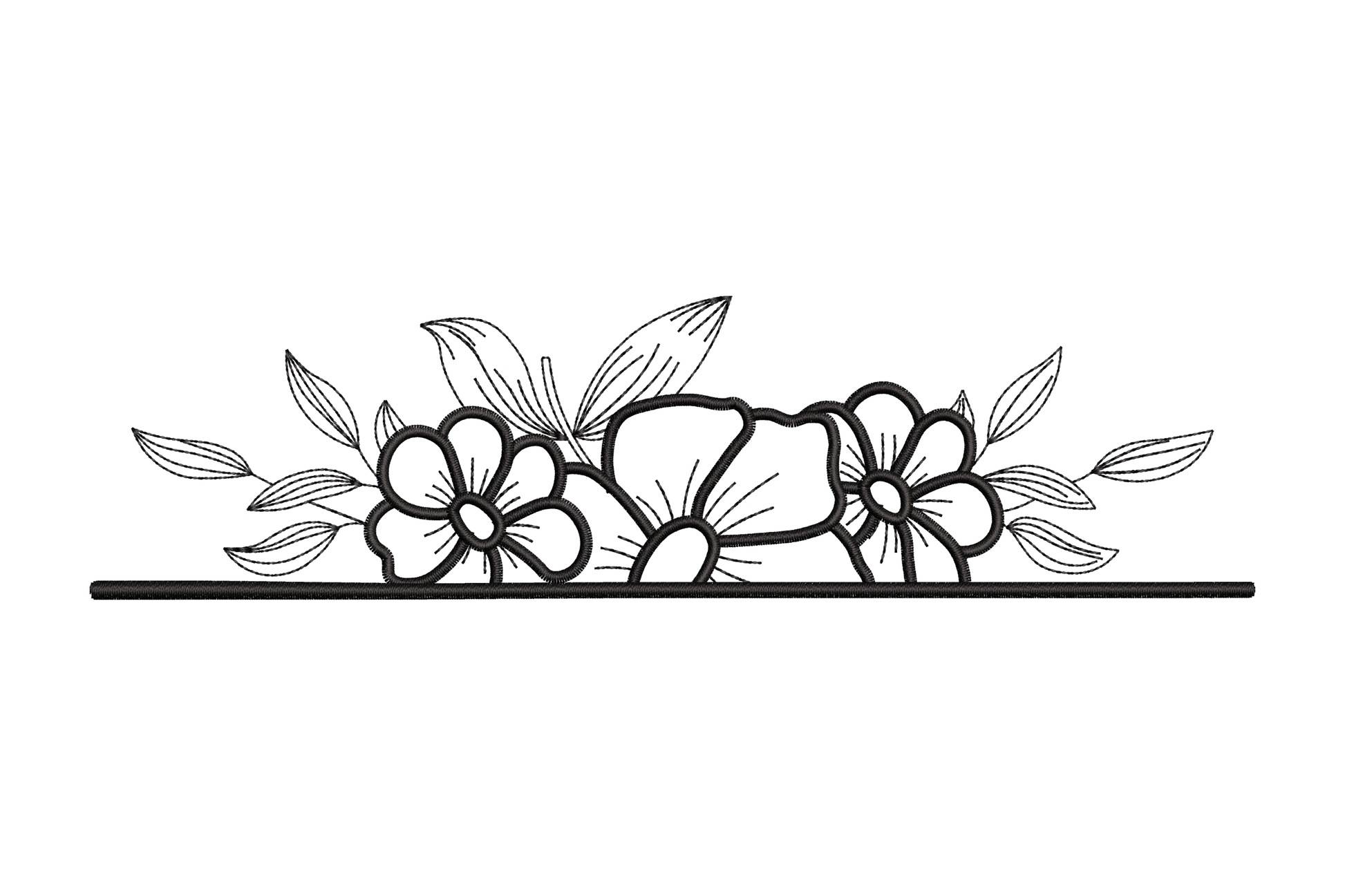 Floral line art border embroidery design in black showing a row of round flowers with satin rims, pointed leaves and fine stems on a baseline.