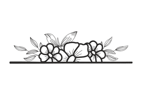 Floral line art border embroidery design in black showing a row of round flowers with satin rims, pointed leaves and fine stems on a baseline.