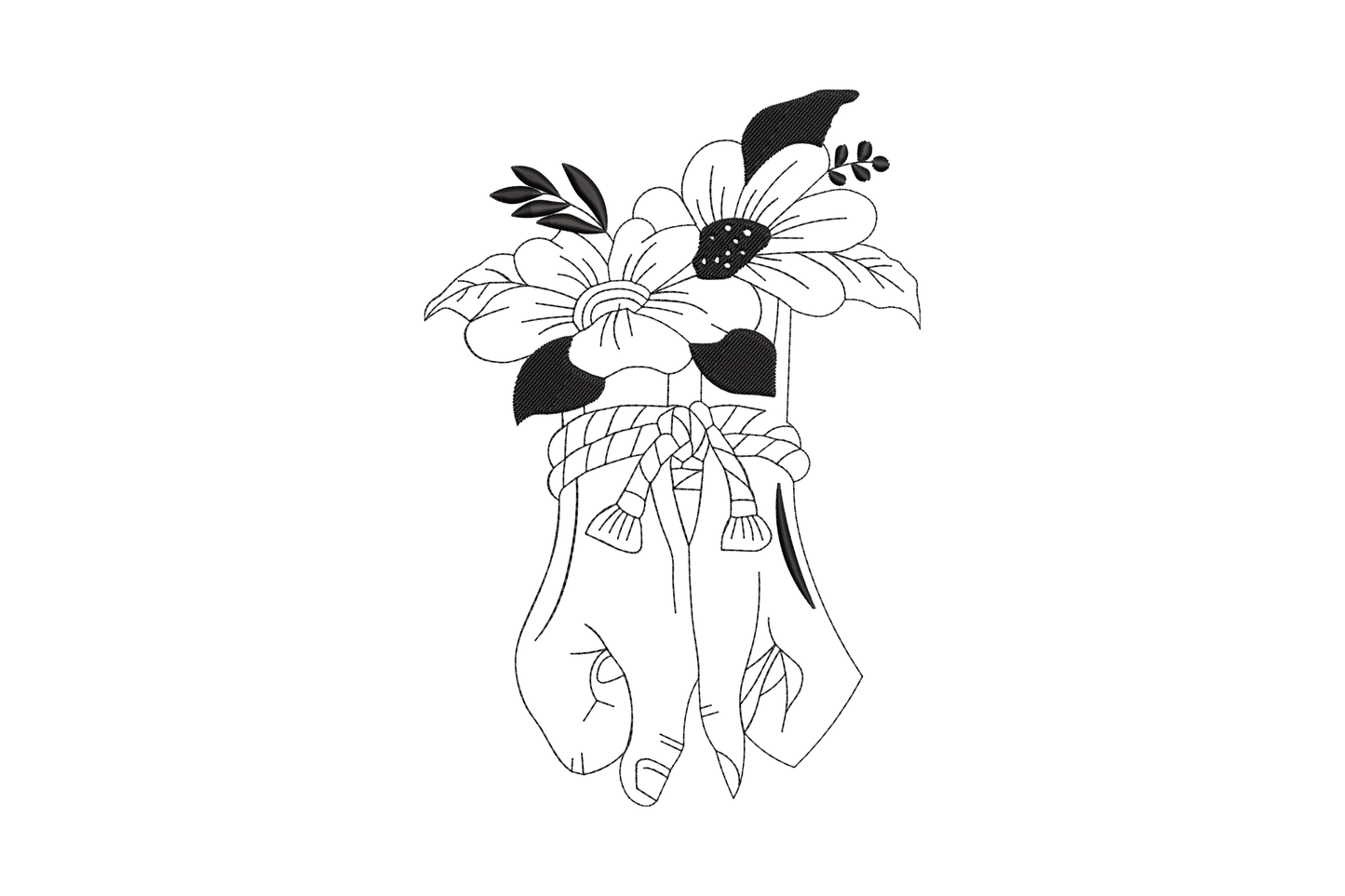 Floral line art hands embroidery, black outline of hands holding a wildflower bouquet tied with a ribbon, on cream ground.