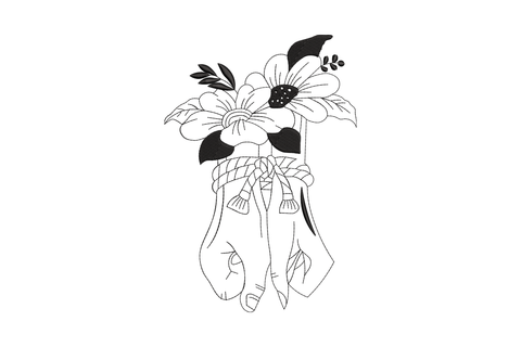 Floral line art hands embroidery, black outline of hands holding a wildflower bouquet tied with a ribbon, on cream ground.