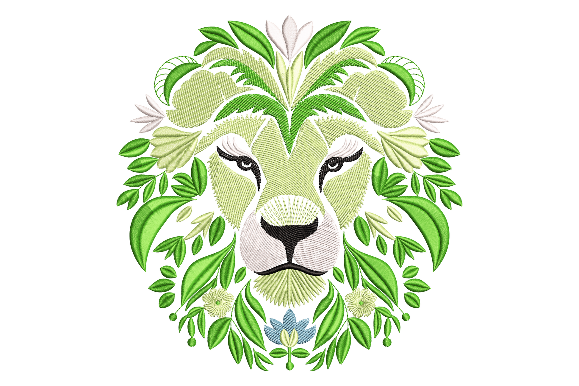 Floral lion head embroidery, green leaf mane, realistic cream shaded face, black eyes and nose, small blue flowers at the base.