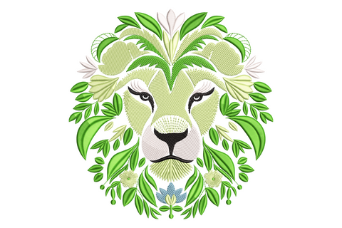 Floral lion head embroidery, green leaf mane, realistic cream shaded face, black eyes and nose, small blue flowers at the base.