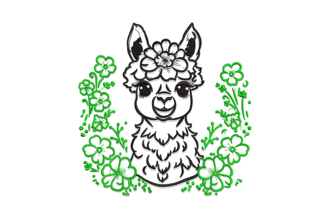 Floral llama embroidery design featuring a close llama face portrait with flower crown surrounded by a dense dark green botanical wreath.