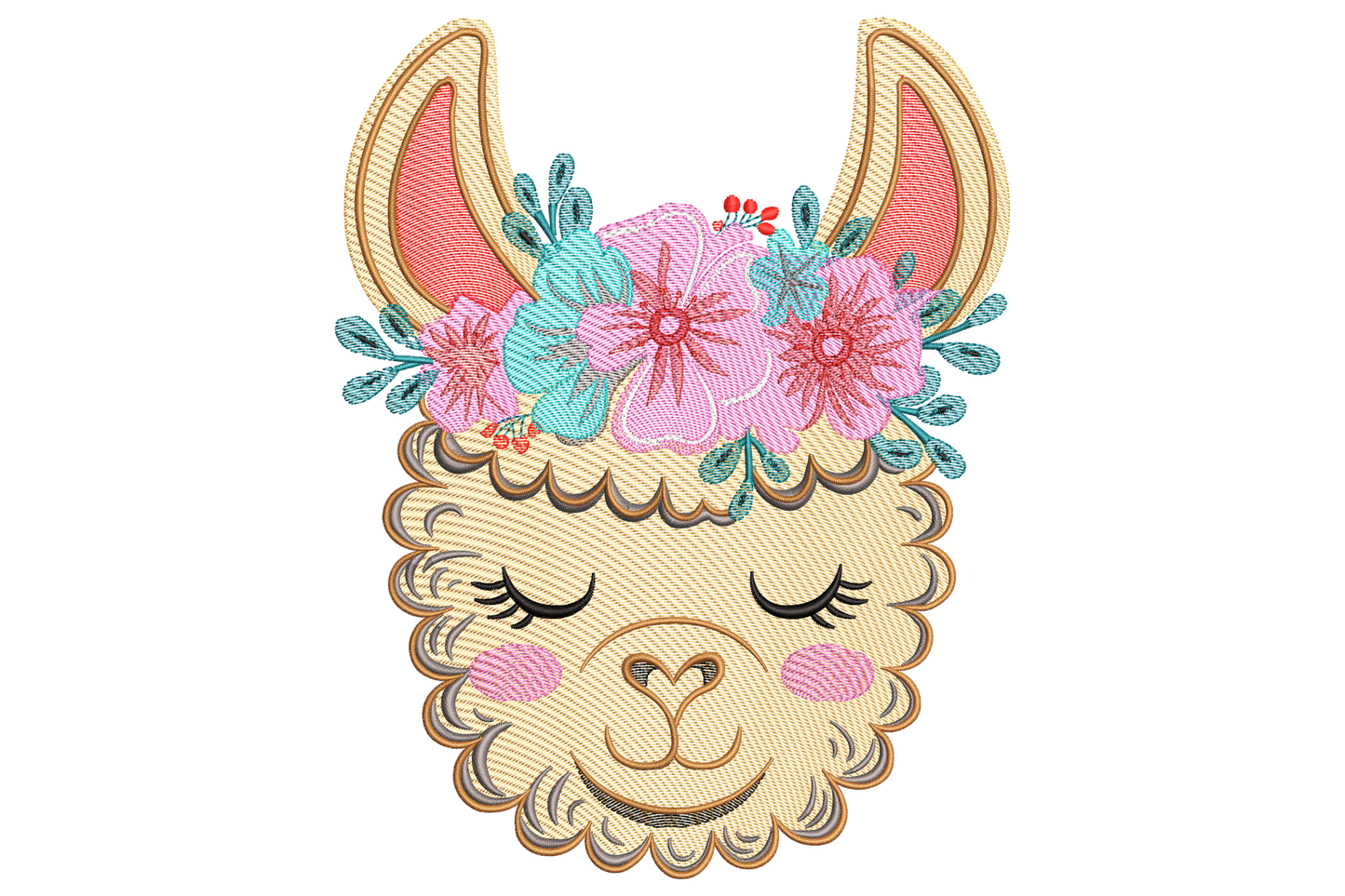 Cream llama face embroidery, closed sleepy eyes, pink teal and coral flower crown with green leaves and small berries.