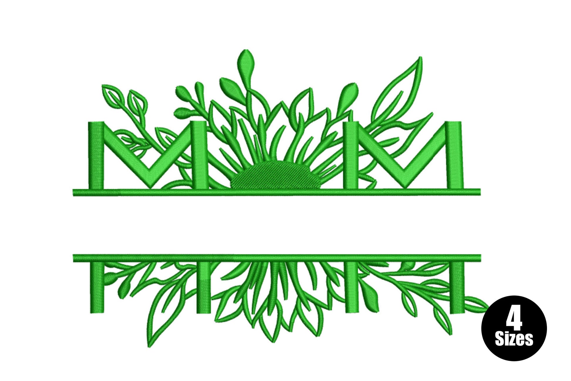 Floral MOM split monogram embroidery, botanical leaf sprays above and below the letters in dark green.