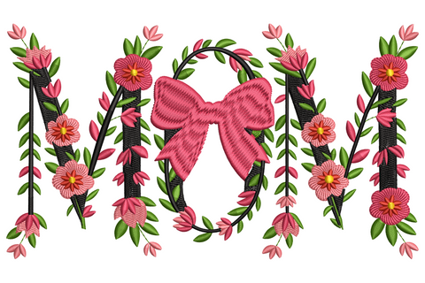 Floral MOM embroidery design with black serif M letters wrapped in pink garden blossoms and a coral bow on the centre ring.