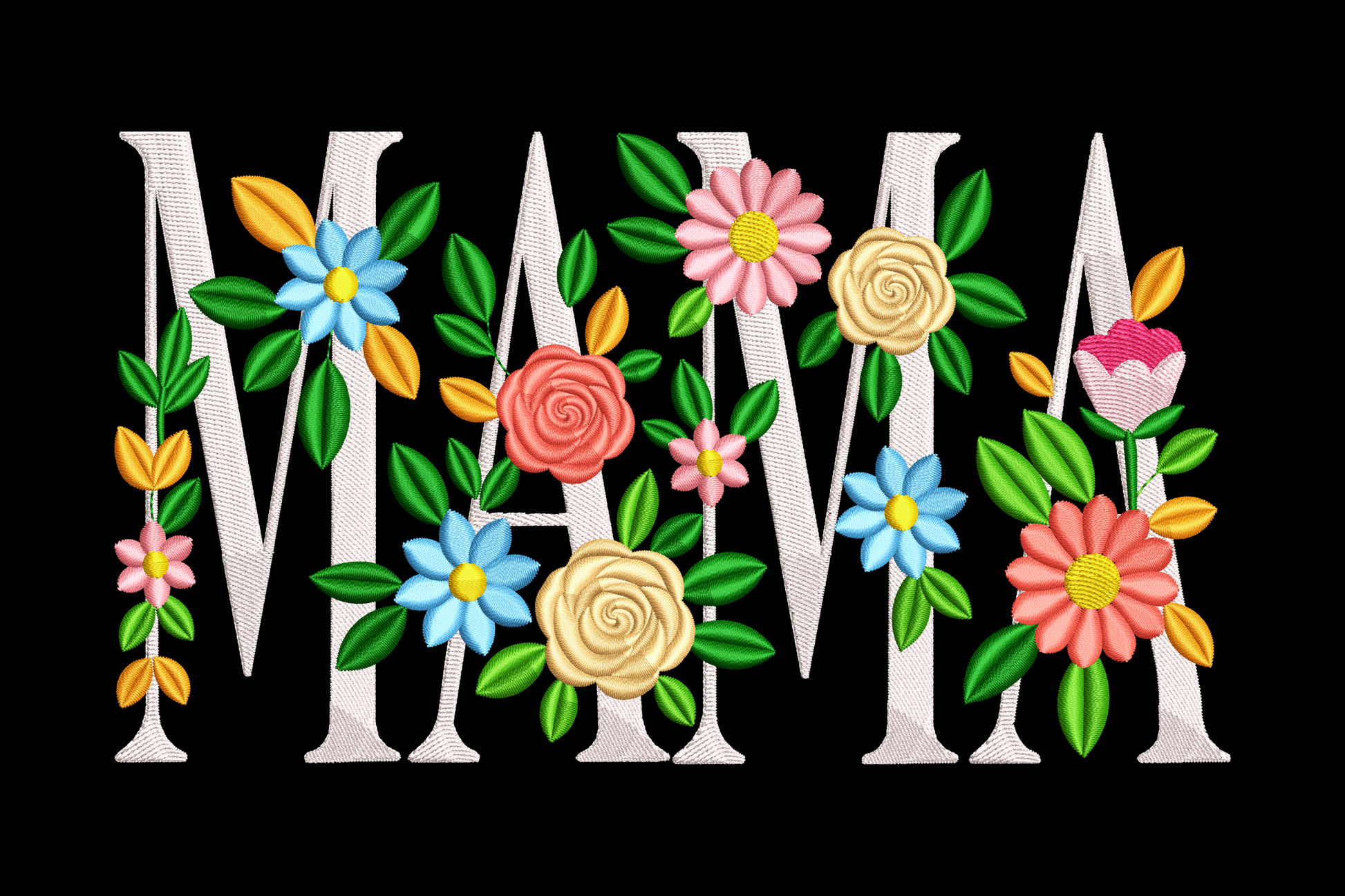 Embroidered letters spelling 'MAM' with colorful flowers on a black background