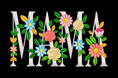 Embroidered letters spelling 'MAM' with colorful flowers on a black background