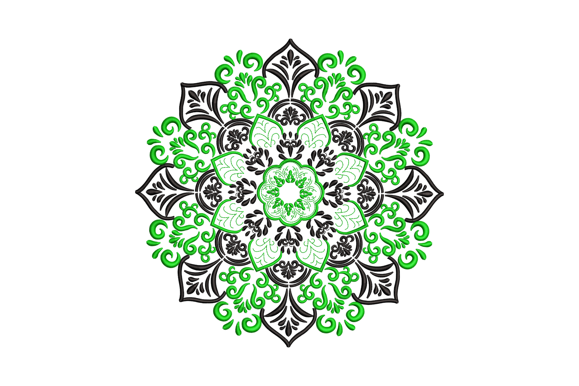 Floral mandala machine embroidery design in bright green and black, dense botanical leaf and petal layers on white background