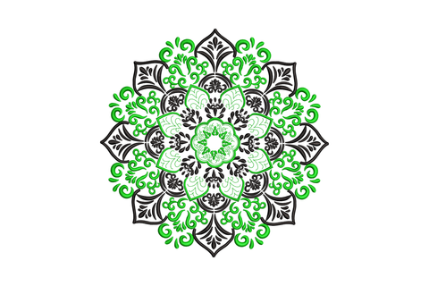 Floral mandala machine embroidery design in bright green and black, dense botanical leaf and petal layers on white background