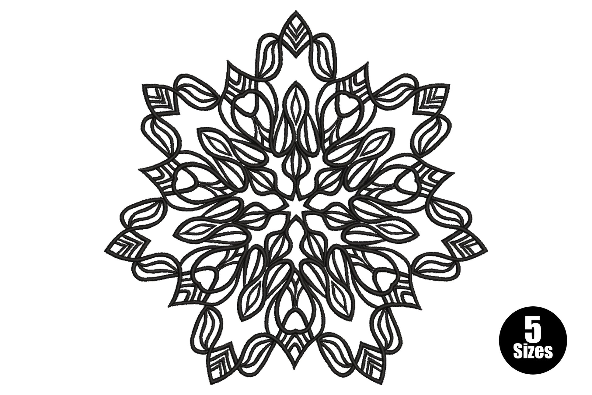 Floral mandala line art embroidery design in black with tulip-bud inner ring, almond leaf forms and arrow-tip points with hatching at the outer edge.