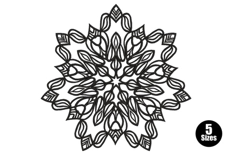 Floral mandala line art embroidery design in black with tulip-bud inner ring, almond leaf forms and arrow-tip points with hatching at the outer edge.