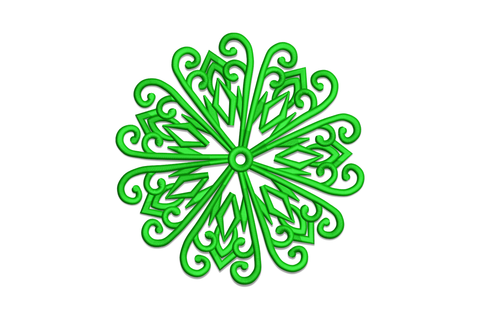 Floral mandala swirl machine embroidery design in dark green showing a circular baroque scroll medallion with curling arm tips and dense satin fill