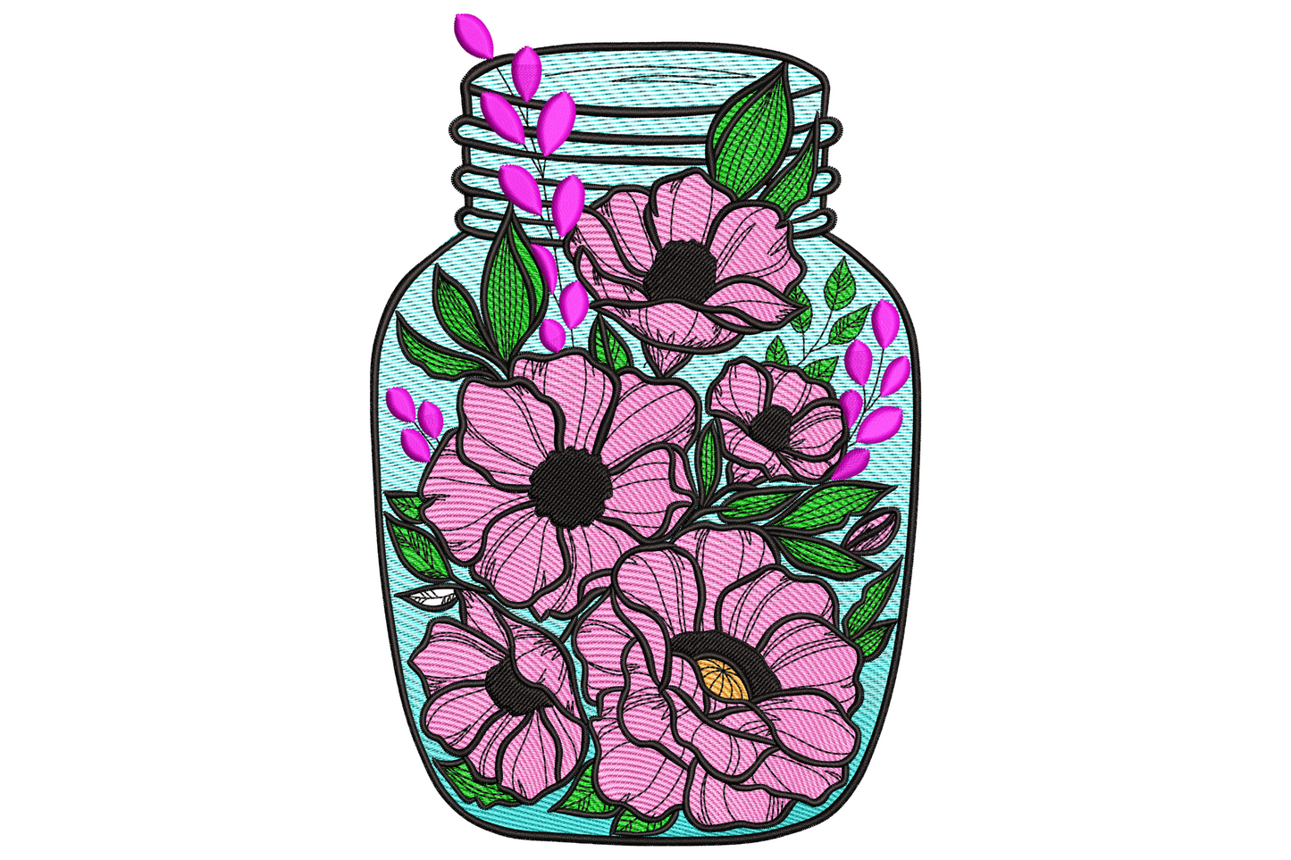 Glass mason jar with cottagecore wildflower bouquet of daisies pink buds and greenery, twine bow at neck, soft farmhouse embroidery design palette
