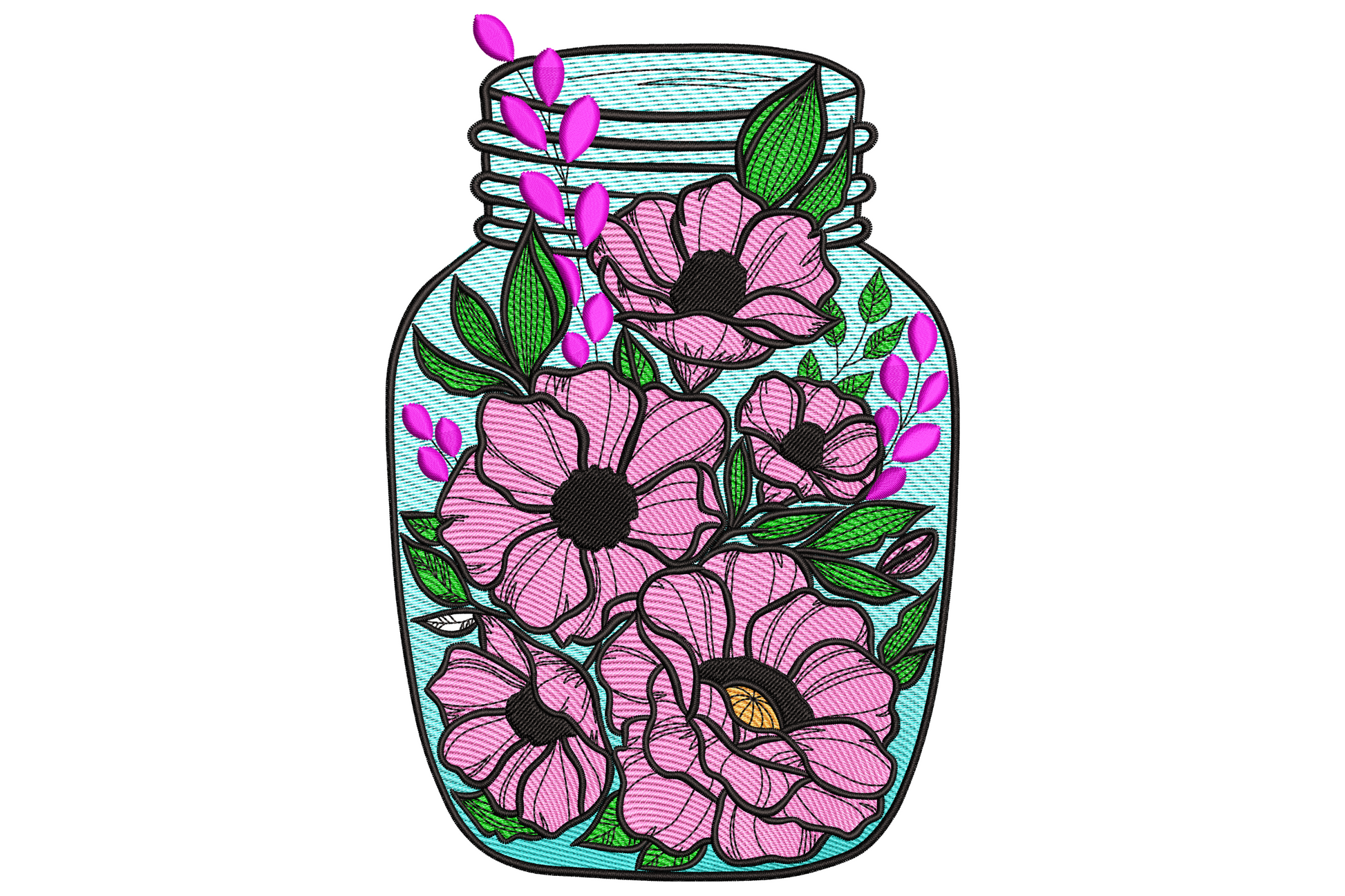 Glass mason jar with cottagecore wildflower bouquet of daisies pink buds and greenery, twine bow at neck, soft farmhouse embroidery design palette