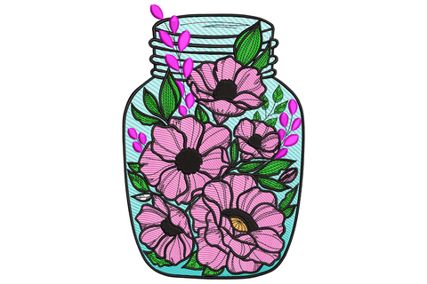 Glass mason jar with cottagecore wildflower bouquet of daisies pink buds and greenery, twine bow at neck, soft farmhouse embroidery design palette