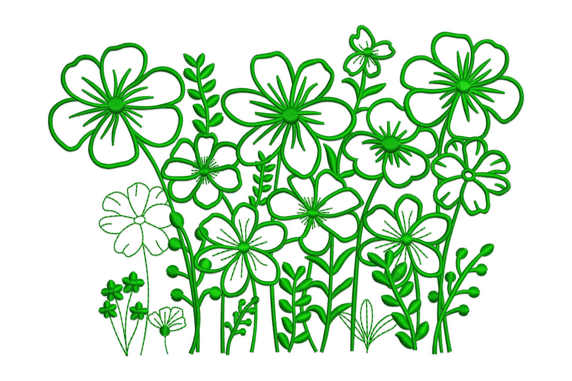 Single-colour green floral meadow line art embroidery with open-outline blooms of varying sizes, clustered buds on stems and leaf sprigs along a shared ground line.
