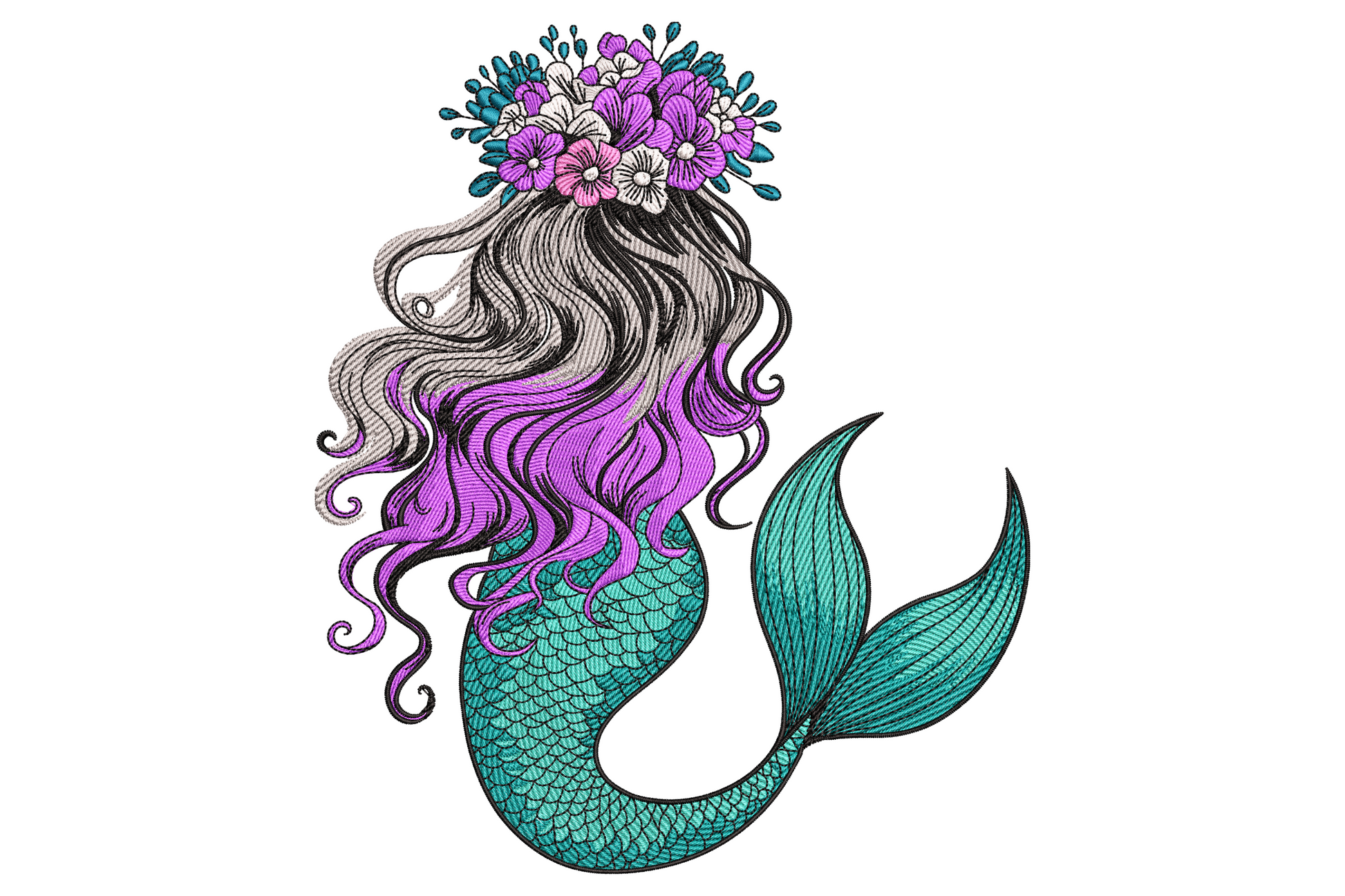 Floral mermaid embroidery, mermaid back view with silver-purple ombre hair, teal flower crown and vivid teal scaled tail.