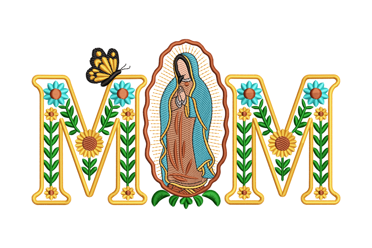 Embroidered design with 'MOM' letters featuring a central figure surrounded by flowers and a butterfly