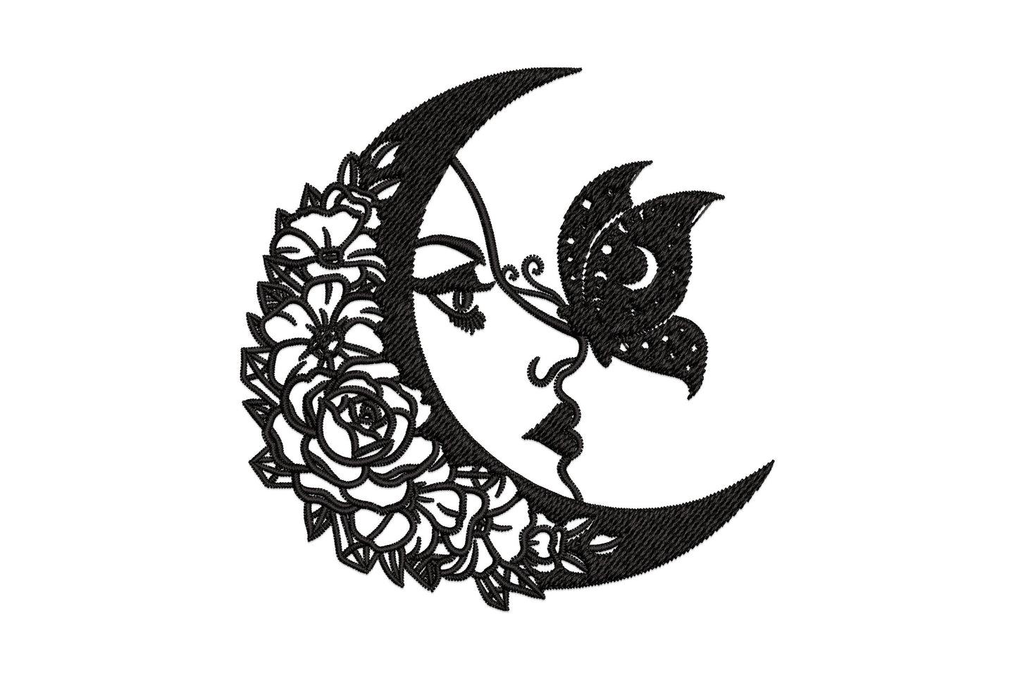 Floral moon butterfly face embroidery design with a feminine crescent moon, large roses, and a celestial butterfly with star and moon wing detail.
