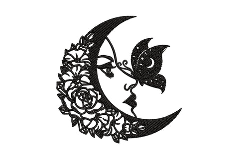 Floral moon butterfly face embroidery design with a feminine crescent moon, large roses, and a celestial butterfly with star and moon wing detail.