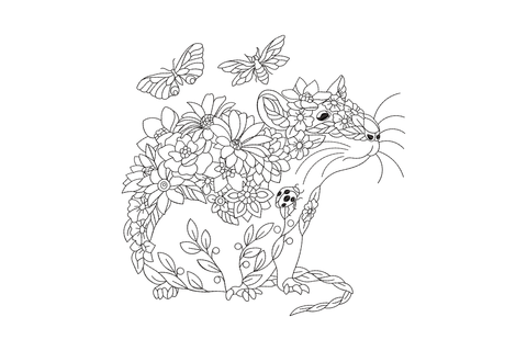 Floral mouse outline embroidery in black single-color running stitch with butterflies and botanical flowers