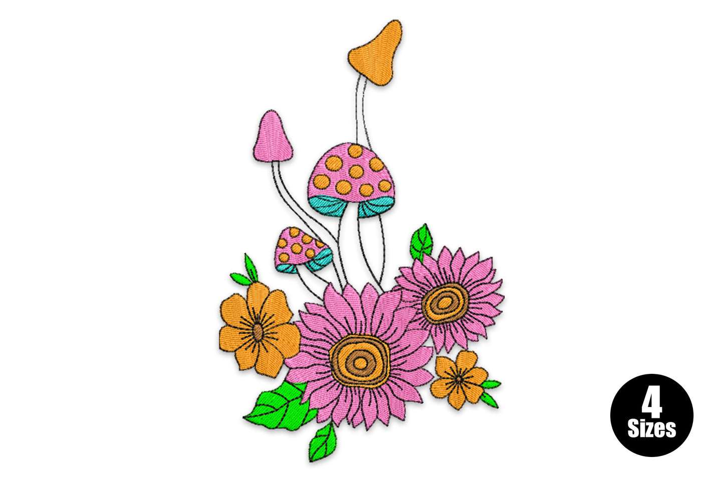 Floral mushroom bouquet embroidery design with pink spotted mushrooms on stems rising above pink daisy flowers, small orange blooms and green leaves.