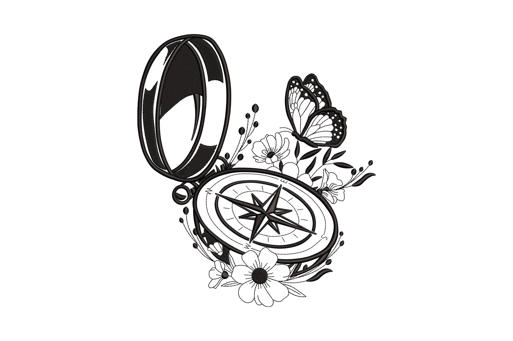 Open compass with wildflower arrangement and detailed butterfly, single-color blackwork machine embroidery design for travel lovers
