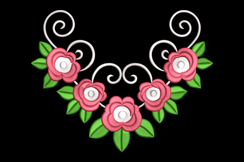 Decorative floral necklace design with pink flowers and green leaves on a black background