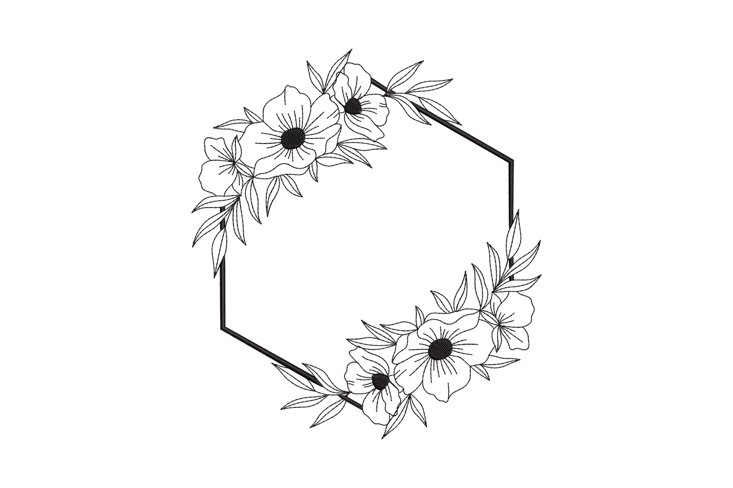 Floral octagon frame outline embroidery, eight-sided geometric line frame with mirrored flower clusters at opposite corners.