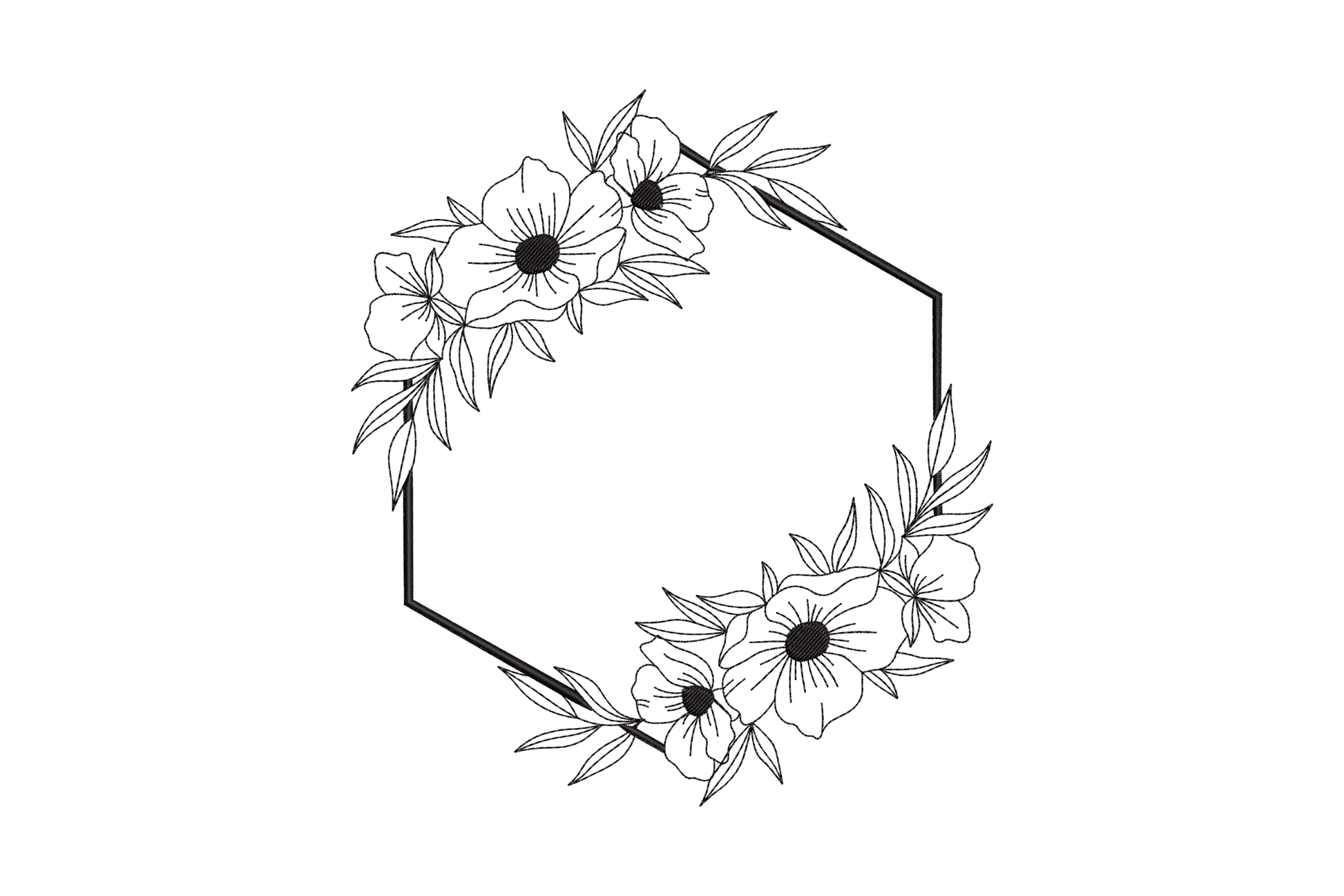 Floral octagon frame outline embroidery, eight-sided geometric line frame with mirrored flower clusters at opposite corners.