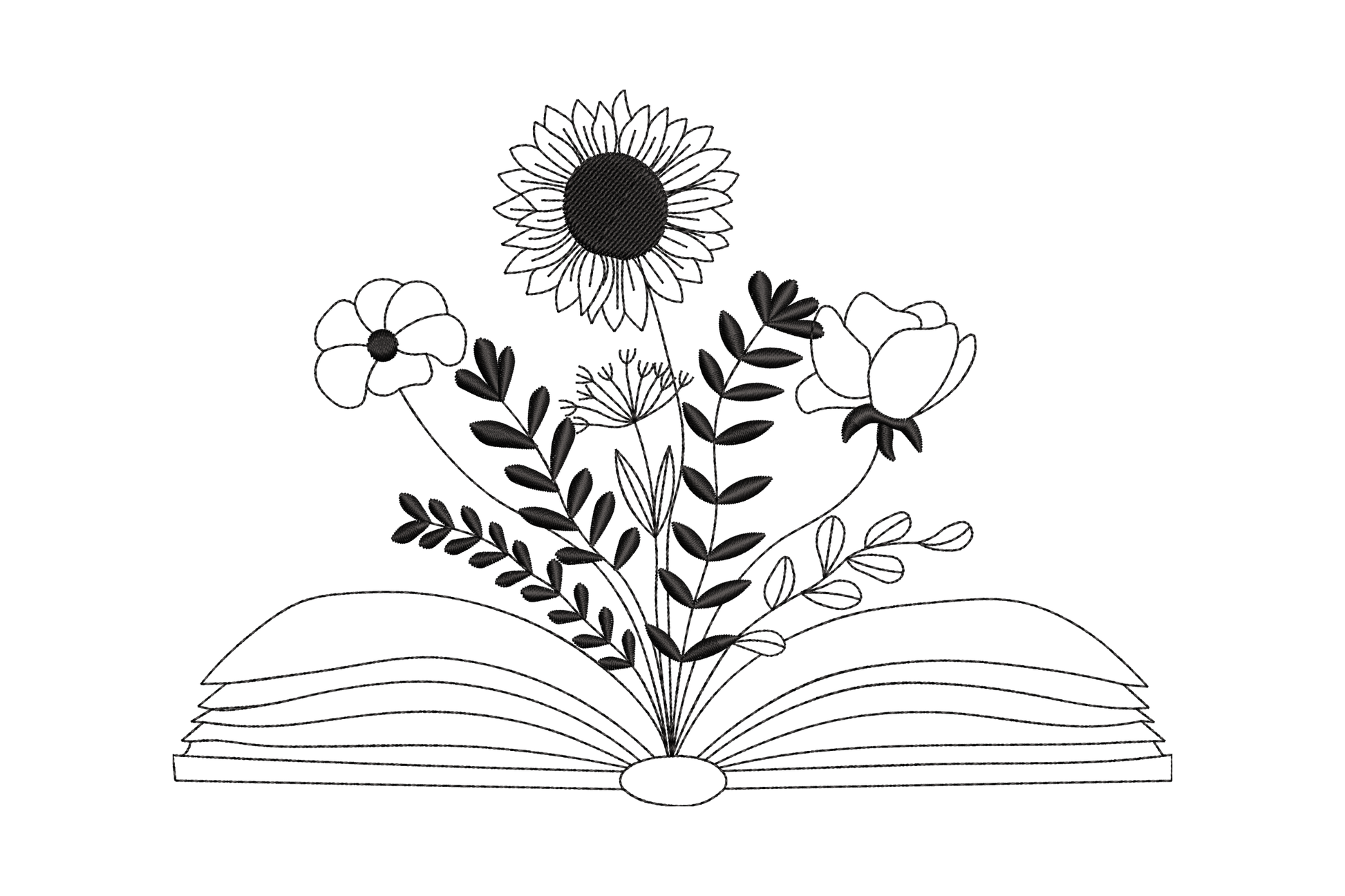 Open book with sunflower and wildflower botanical arrangement, single colour machine embroidery design, 5 sizes