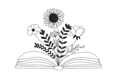Open book with sunflower and wildflower botanical arrangement, single colour machine embroidery design, 5 sizes