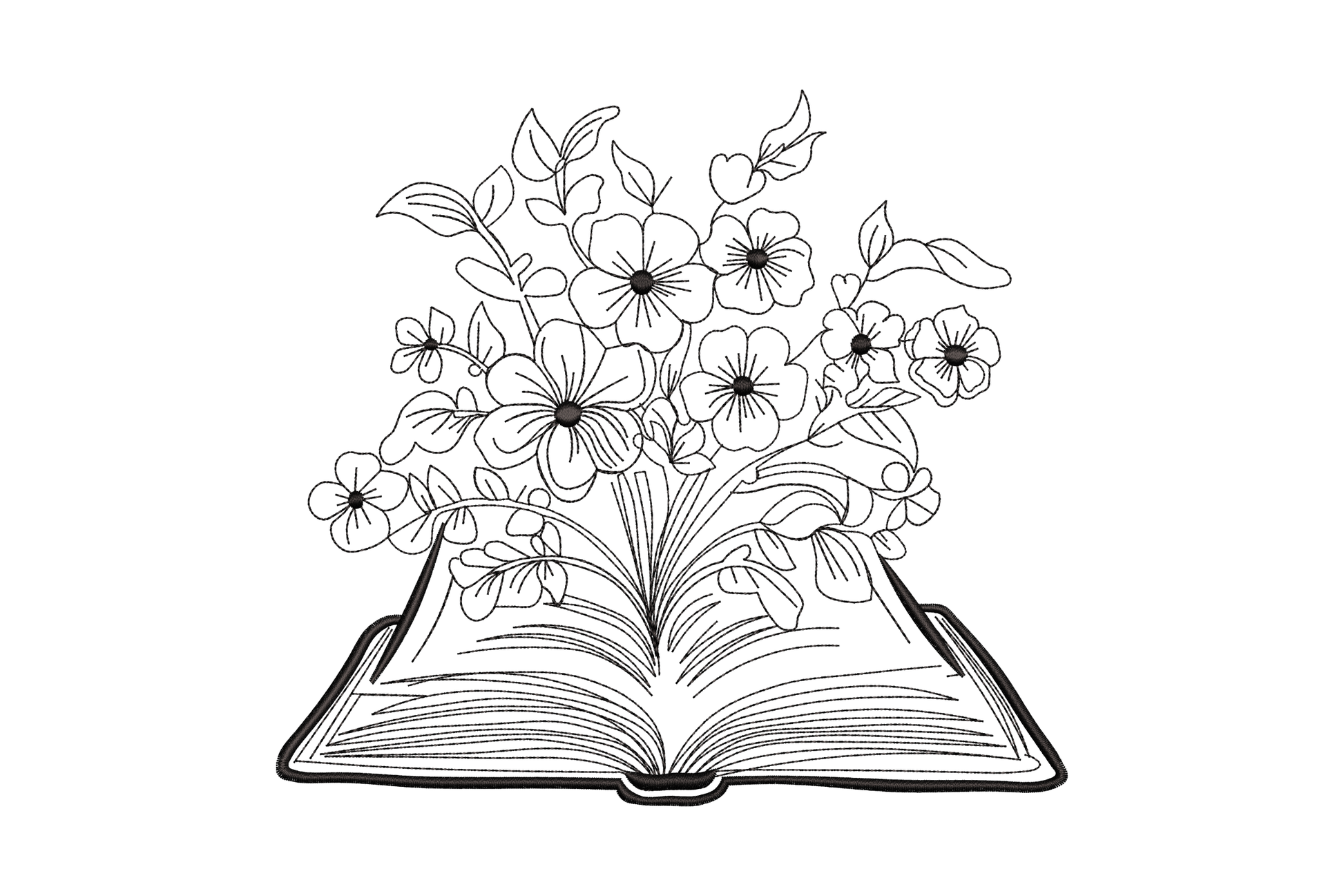 Floral open book line art embroidery in single colour black, fine contour outline of open book with pansy and wildflower spray rising from spine, no fill.