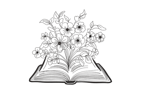 Floral open book line art embroidery in single colour black, fine contour outline of open book with pansy and wildflower spray rising from spine, no fill.
