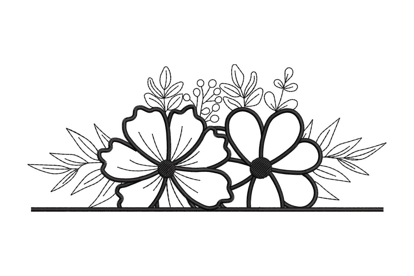 Floral outline border duo embroidery in black with two large round open-petalled flowers and pointed leaves on a wide stitched baseline.